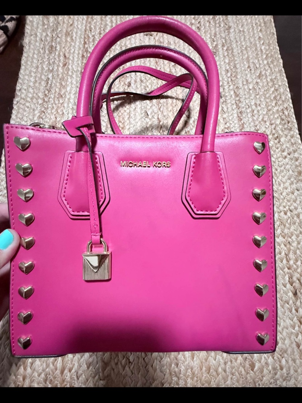 Michael Kors Hot Pink Leather Satchel with Gold Heart Studs